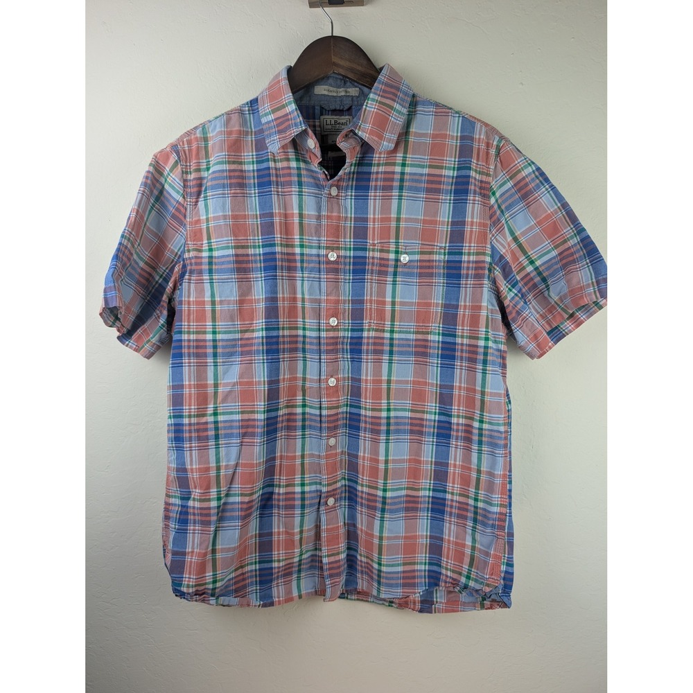 LL Bean Mens Slightly Fitted Plaid Short Sleeve Button Down Shirt Medium 288683